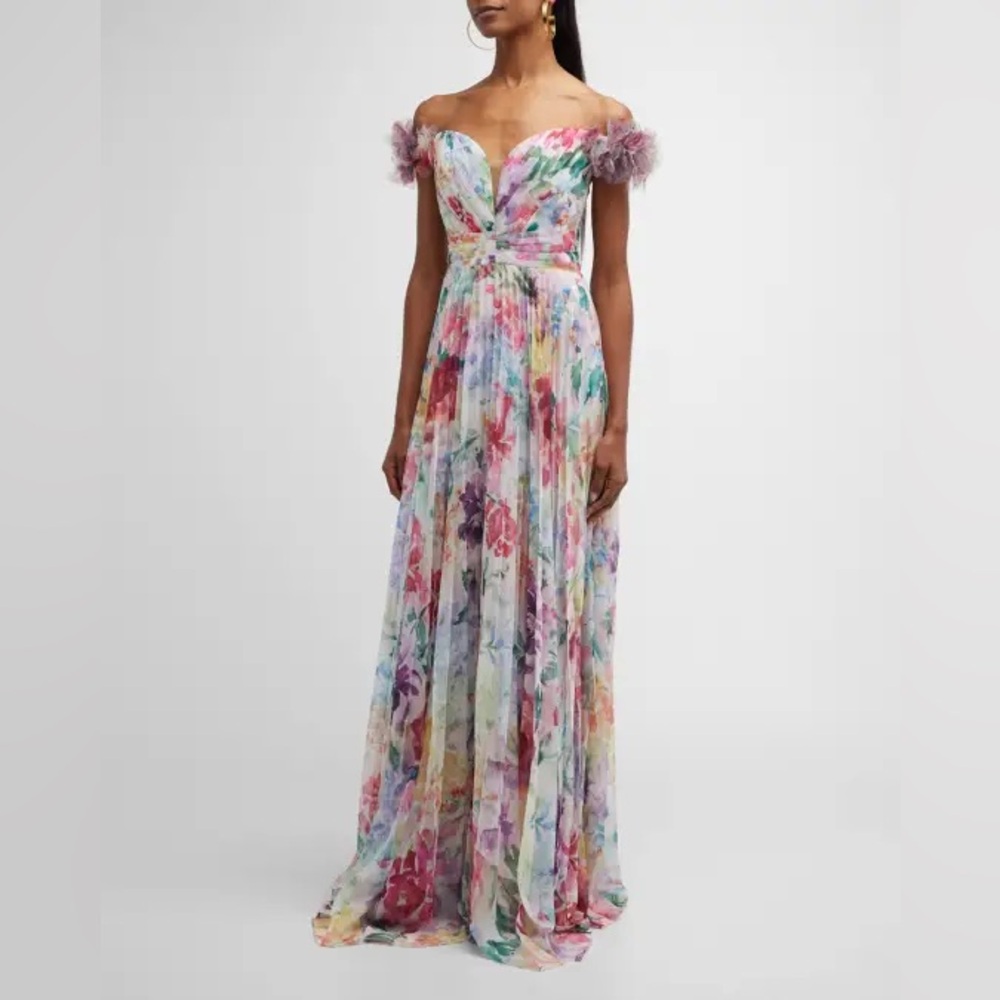 Marchesa Notte Off the Shoulder Pleated Chiffon Gown Size 8